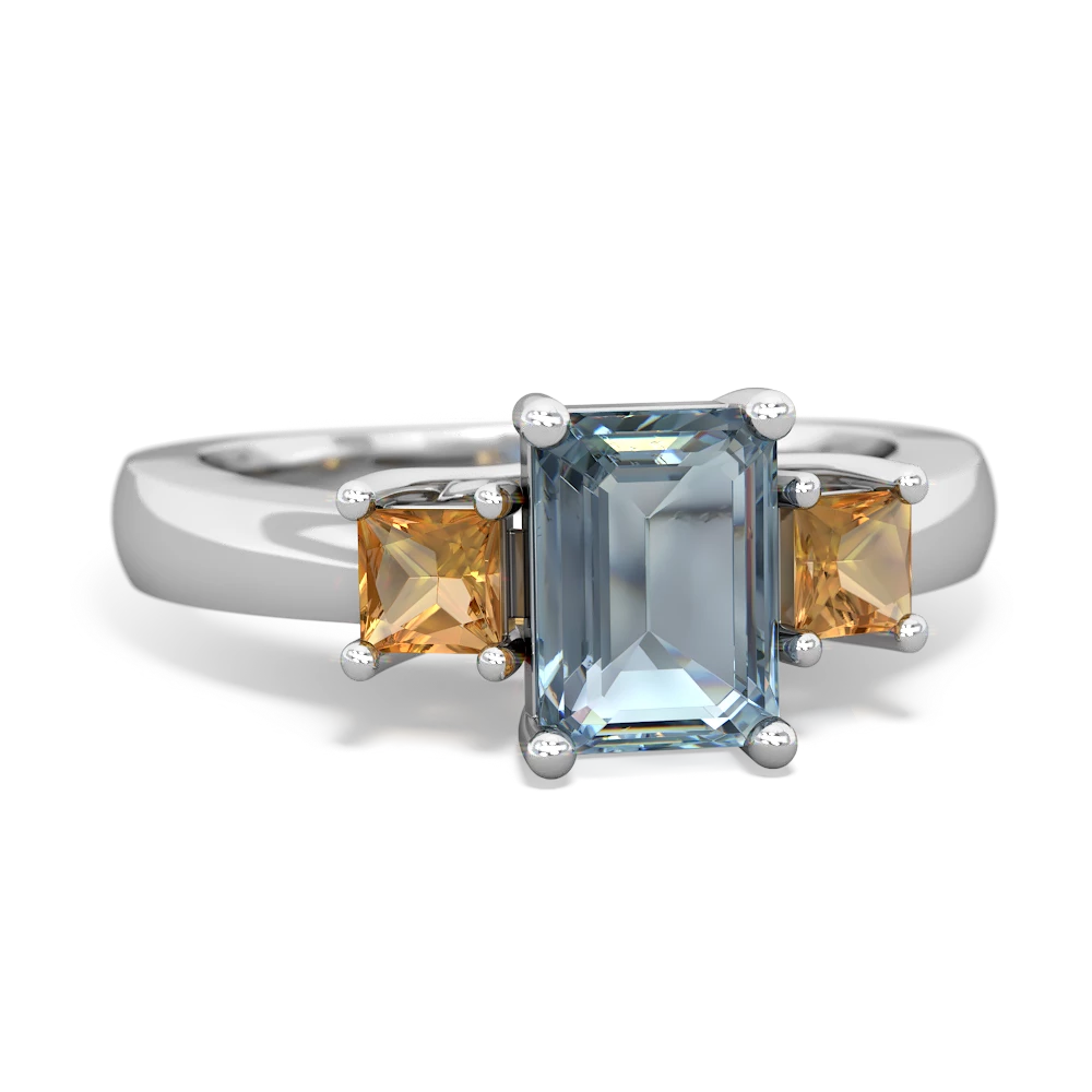 Aquamarine Three Stone Emerald-Cut Trellis 14K White Gold ring R4021