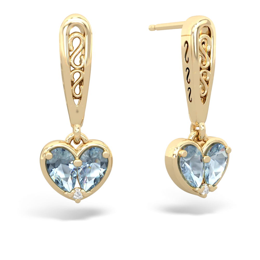 Aquamarine Filligree Heart 14K Yellow Gold earrings E5070