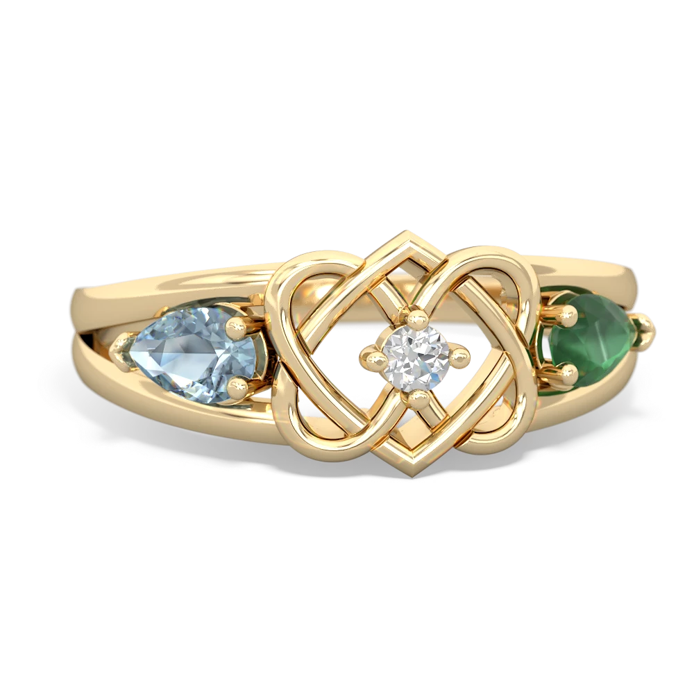 Aquamarine Hearts Intertwined 14K Yellow Gold ring R5880