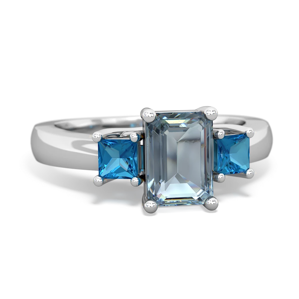 Aquamarine Three Stone Emerald-Cut Trellis 14K White Gold ring R4021