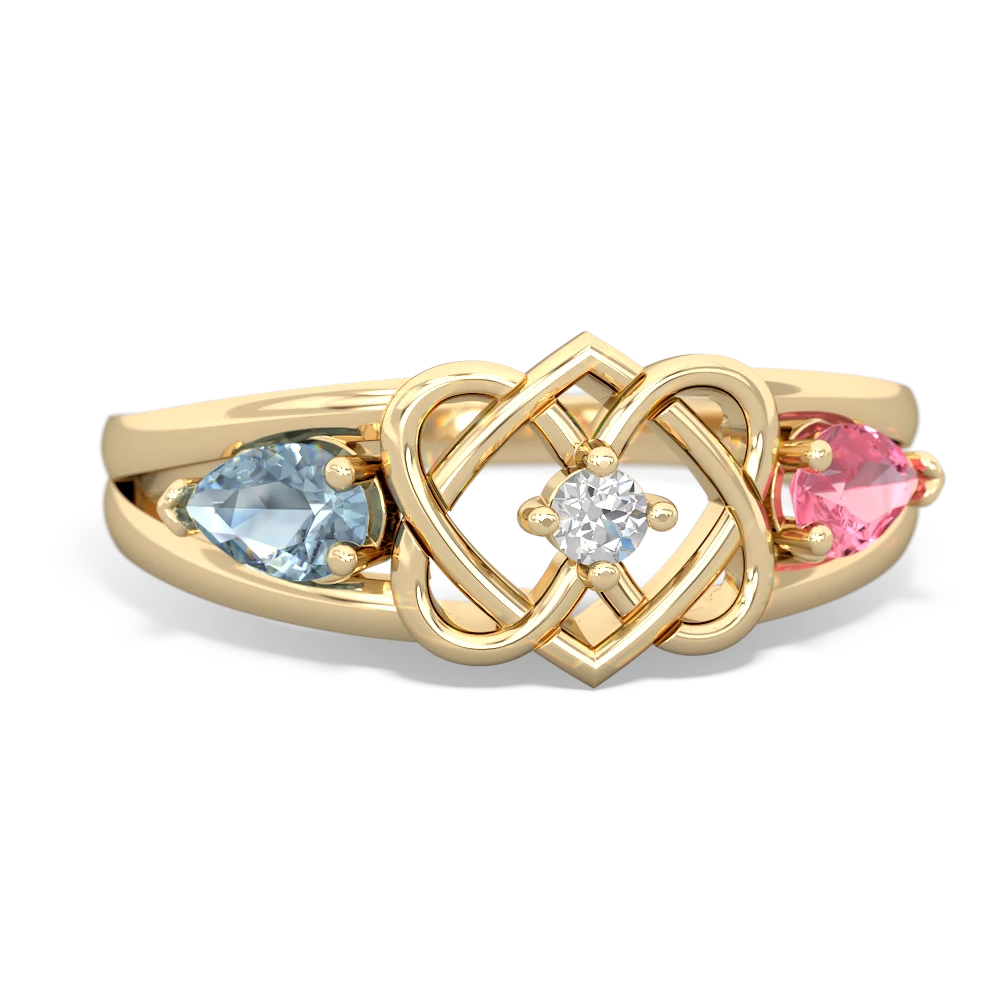 Aquamarine Hearts Intertwined 14K Yellow Gold ring R5880