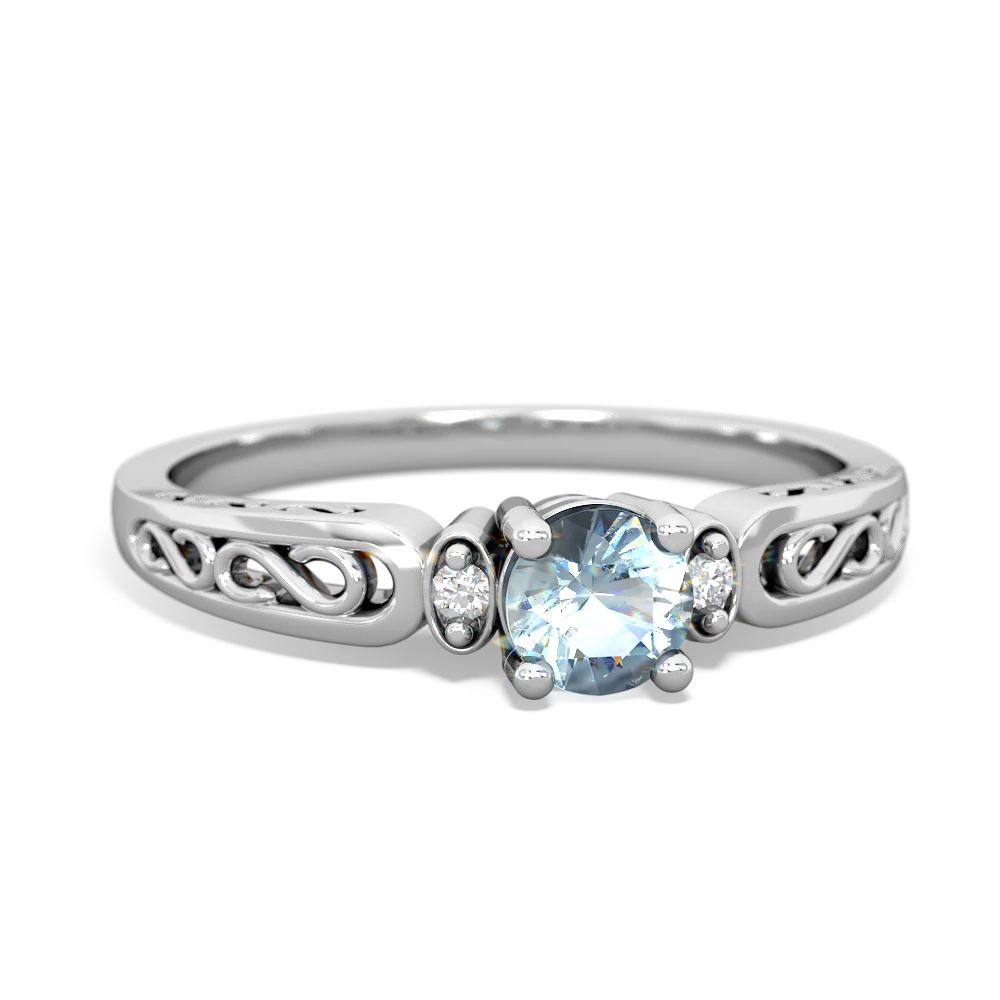 Aquamarine Filligree Scroll Round 14K White Gold ring R0829