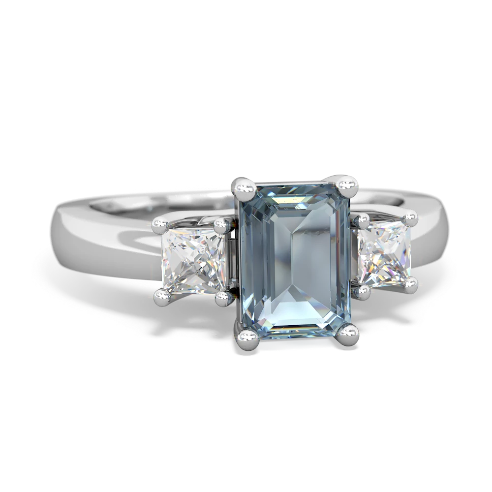 Aquamarine Diamond Three Stone Emerald-Cut Trellis 14K White Gold ring R4021