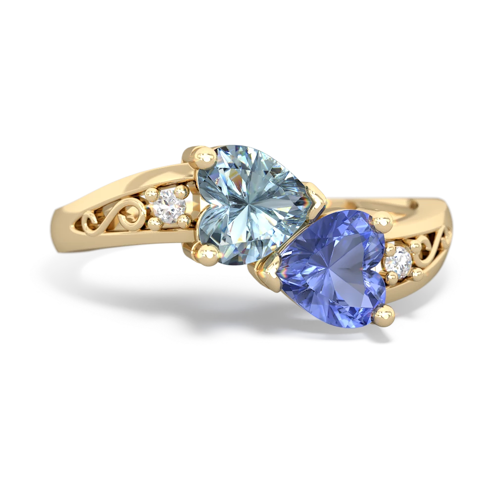 Aquamarine Snuggling Hearts 14K Yellow Gold ring R2178