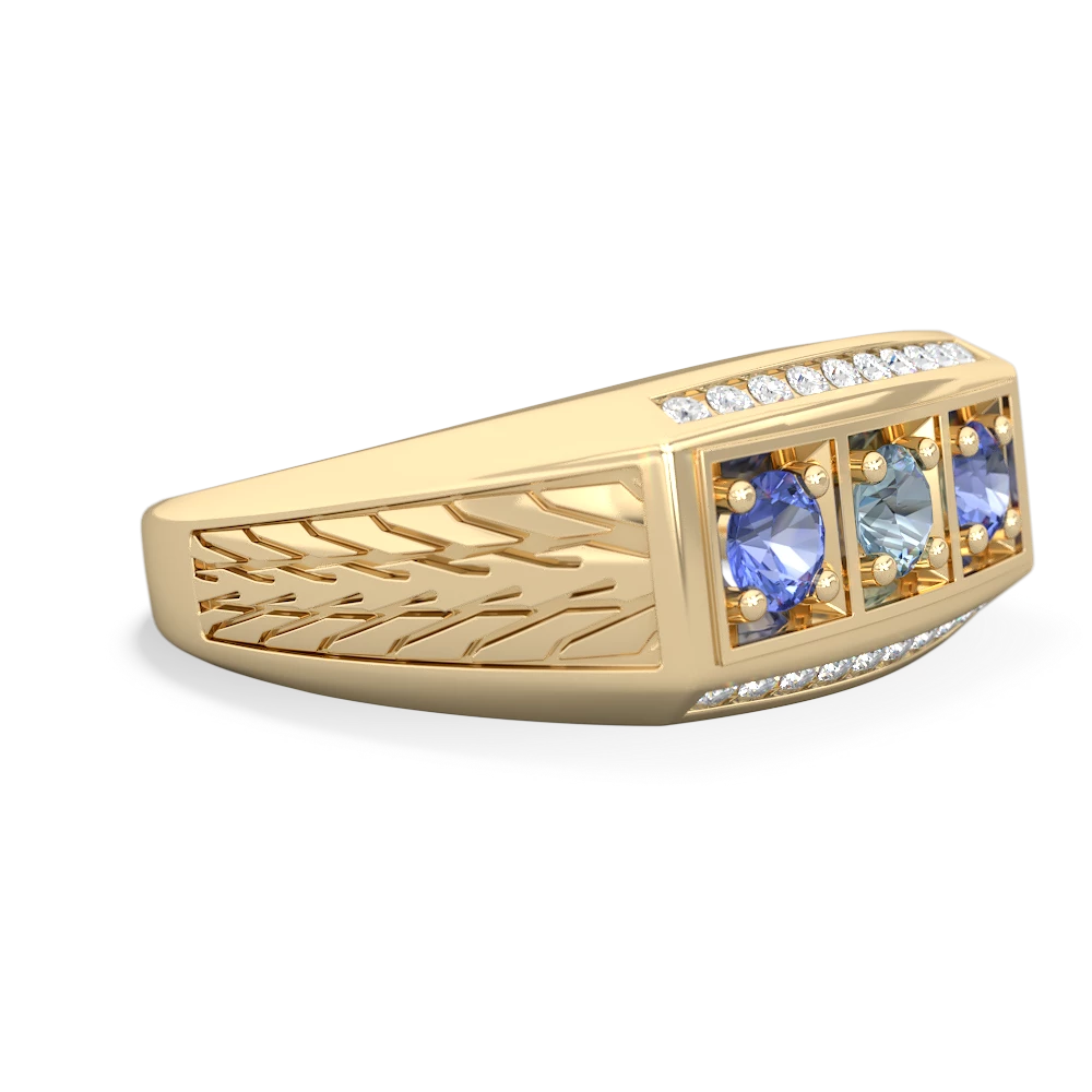 Aquamarine Three Stone Tire Tread Men's 14K Yellow Gold ring R0520