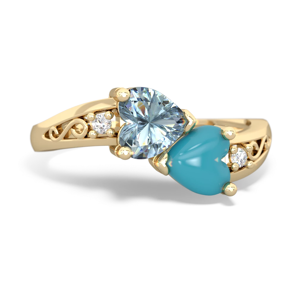 Aquamarine Snuggling Hearts 14K Yellow Gold ring R2178