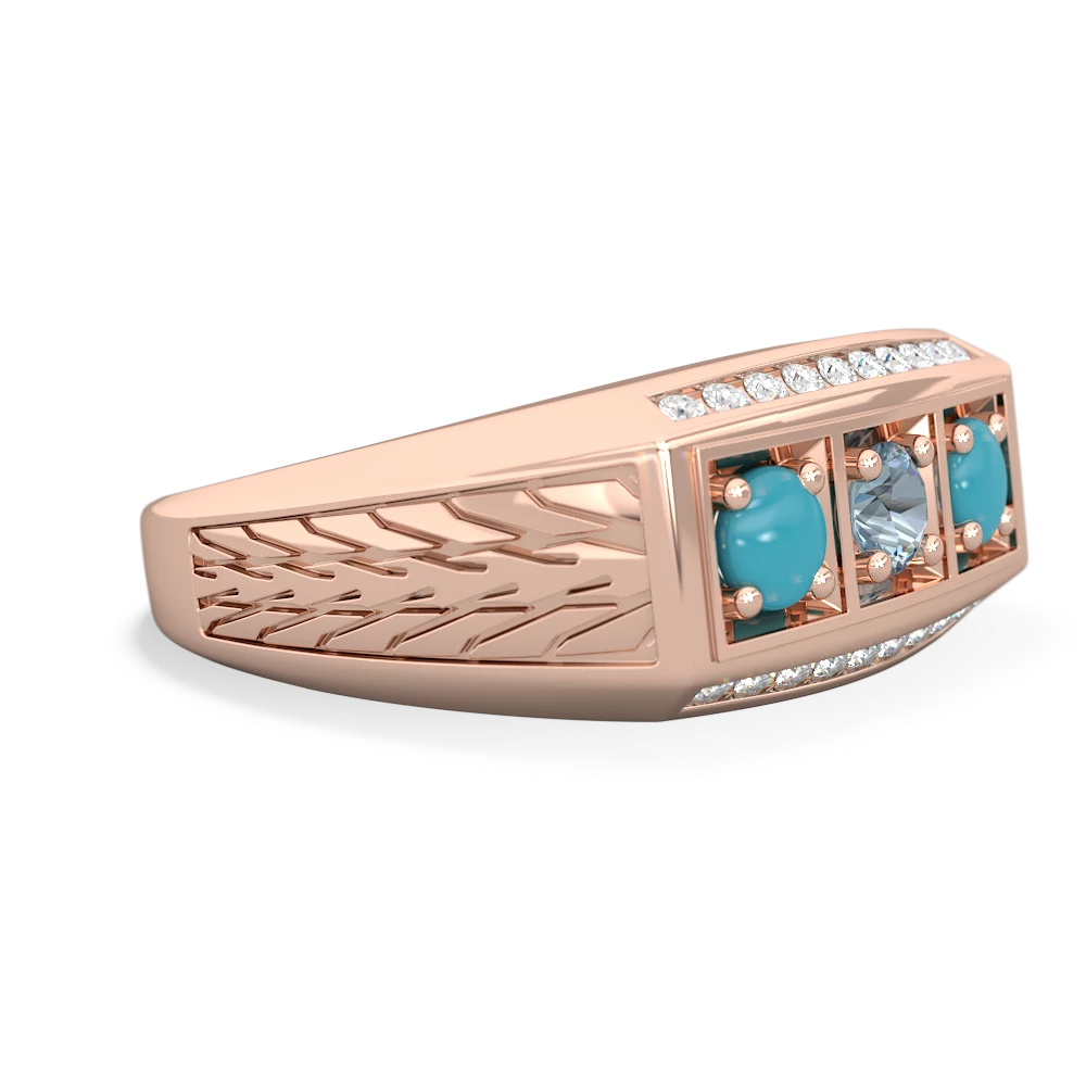 Aquamarine Three Stone Tire Tread Men's 14K Rose Gold ring R0520