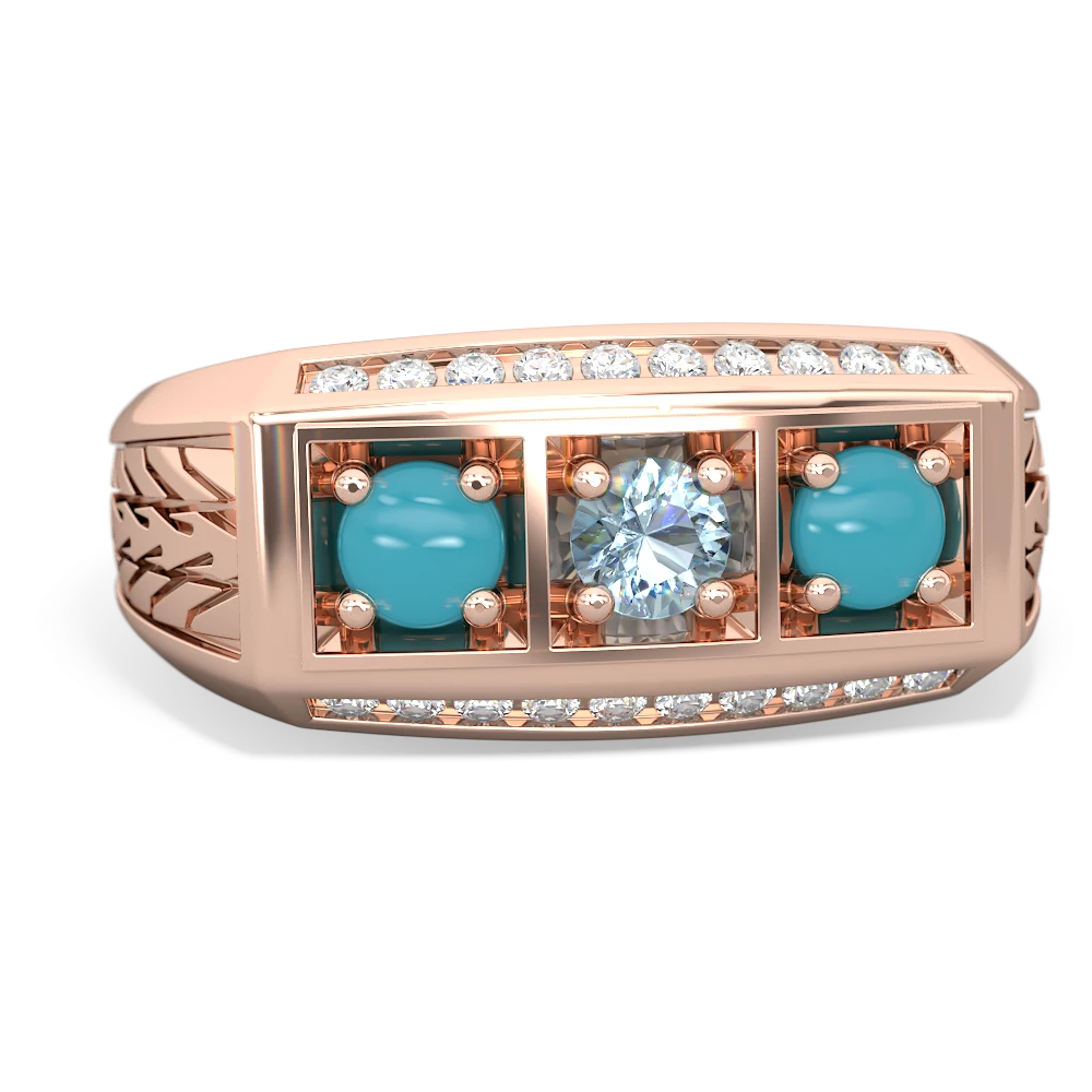 Aquamarine Three Stone Tire Tread Men's 14K Rose Gold ring R0520