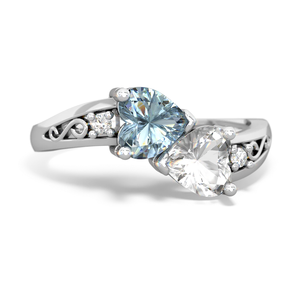 Aquamarine Snuggling Hearts 14K White Gold ring R2178