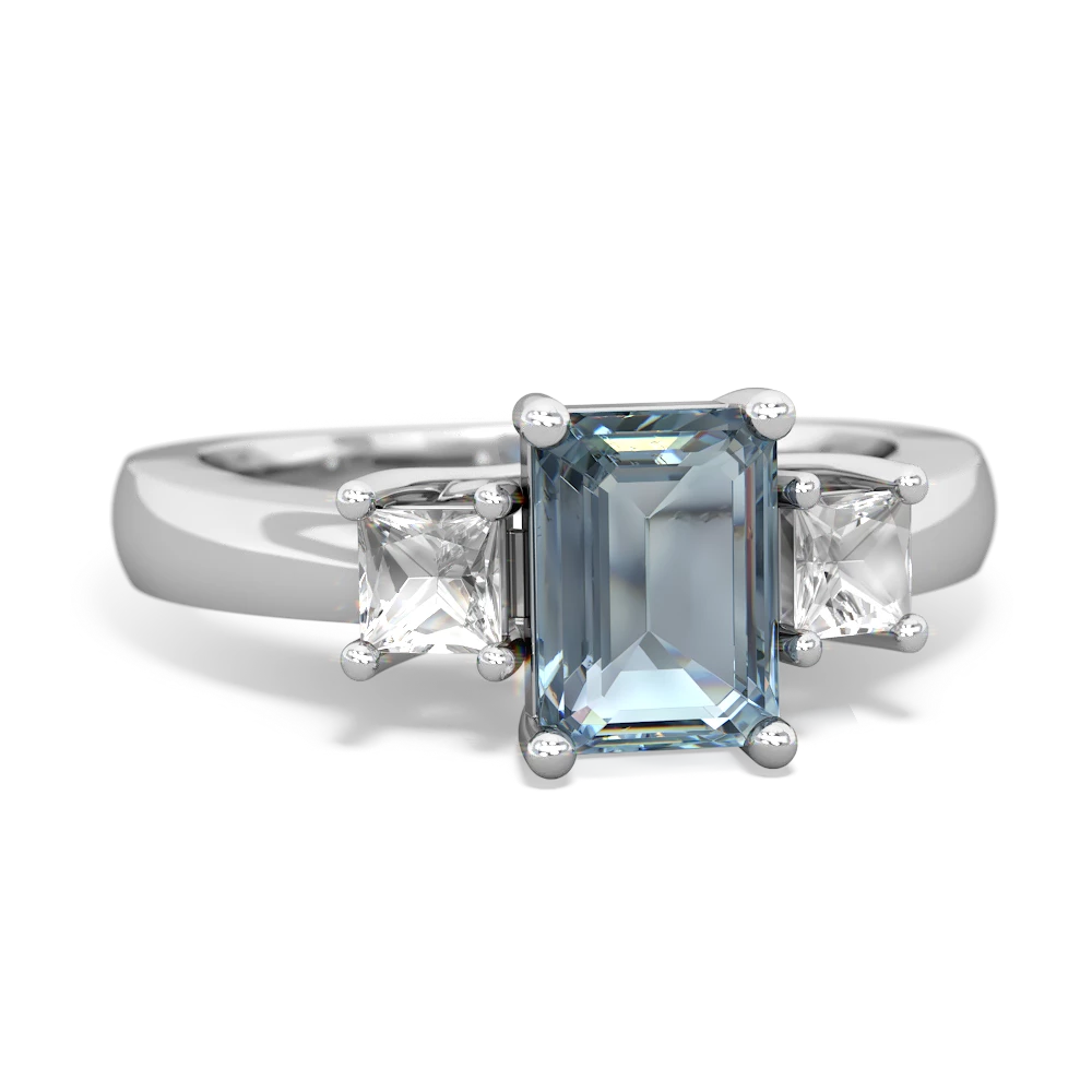 Aquamarine Three Stone Emerald-Cut Trellis 14K White Gold ring R4021