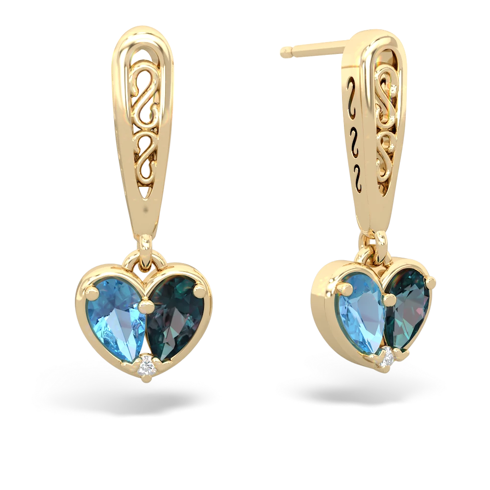 Blue Topaz Filligree Heart 14K Yellow Gold earrings E5070