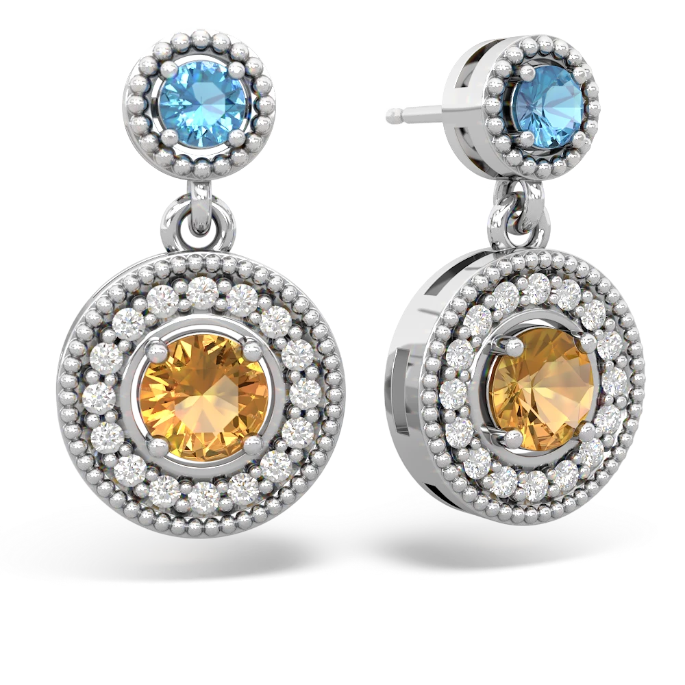 Blue Topaz Halo Dangle 14K White Gold earrings E5319