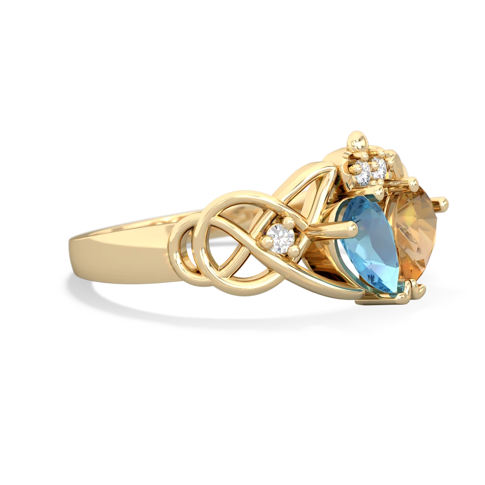 Blue Topaz 'One Heart' Celtic Knot Claddagh 14K Yellow Gold ring R5322