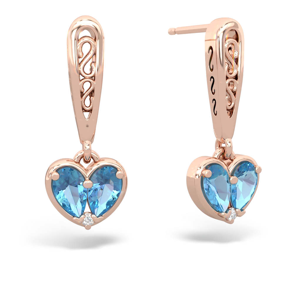 Blue Topaz Filligree Heart 14K Rose Gold earrings E5070