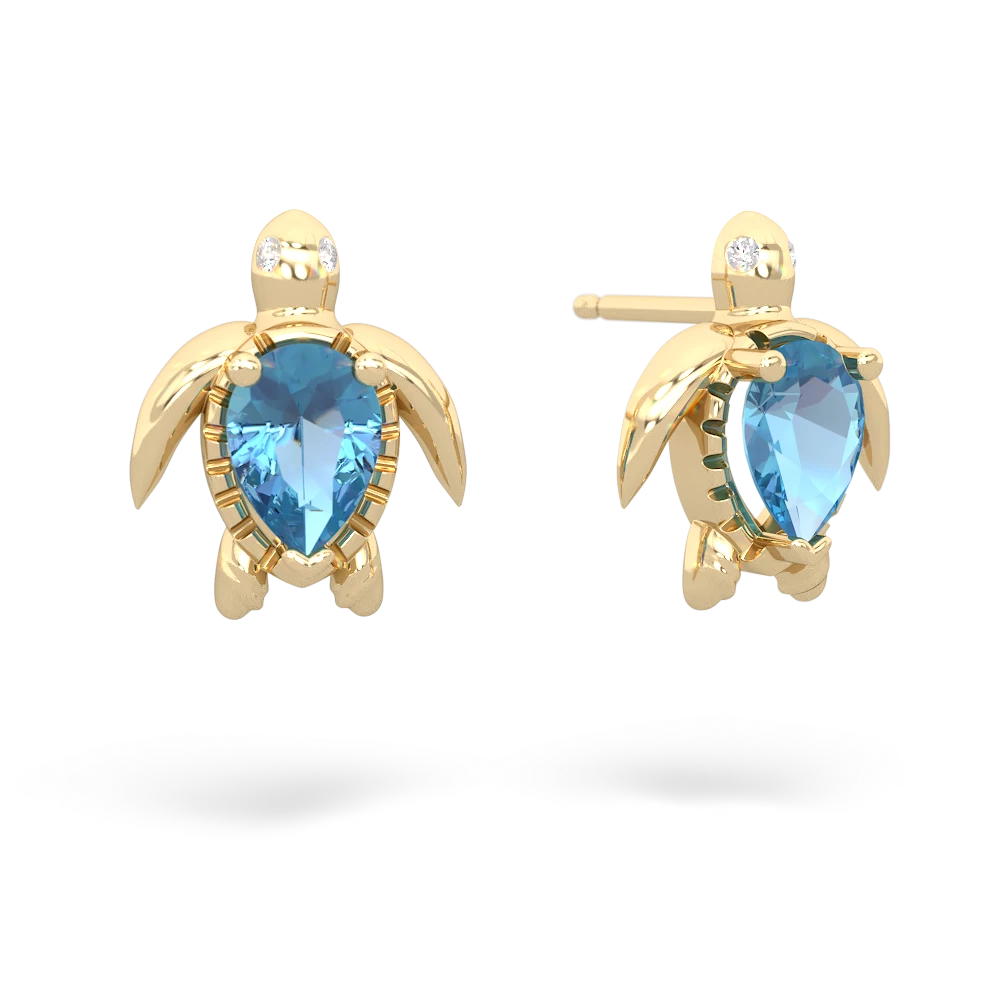 Blue Topaz Baby Sea Turtle 14K Yellow Gold earrings E5241