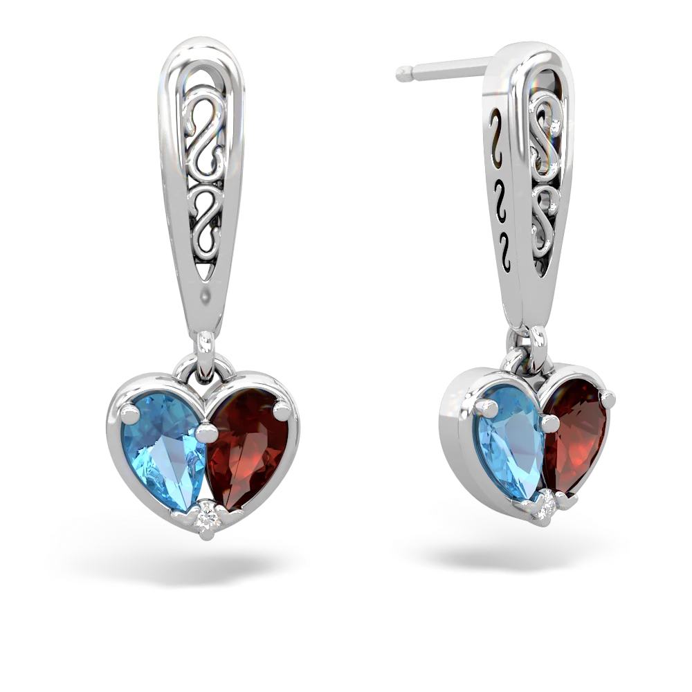 Blue Topaz Filligree Heart 14K White Gold earrings E5070