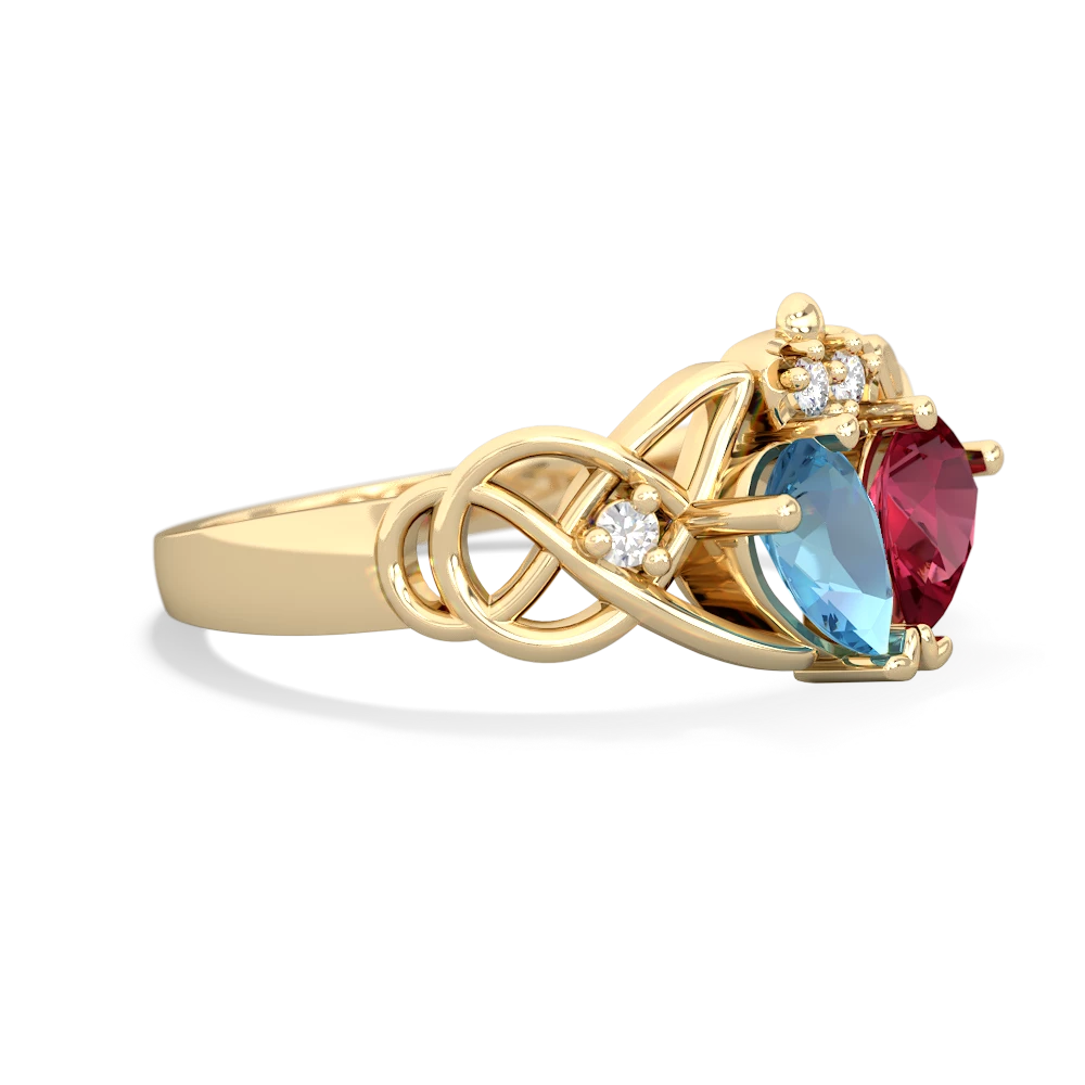 Blue Topaz 'One Heart' Celtic Knot Claddagh 14K Yellow Gold ring R5322