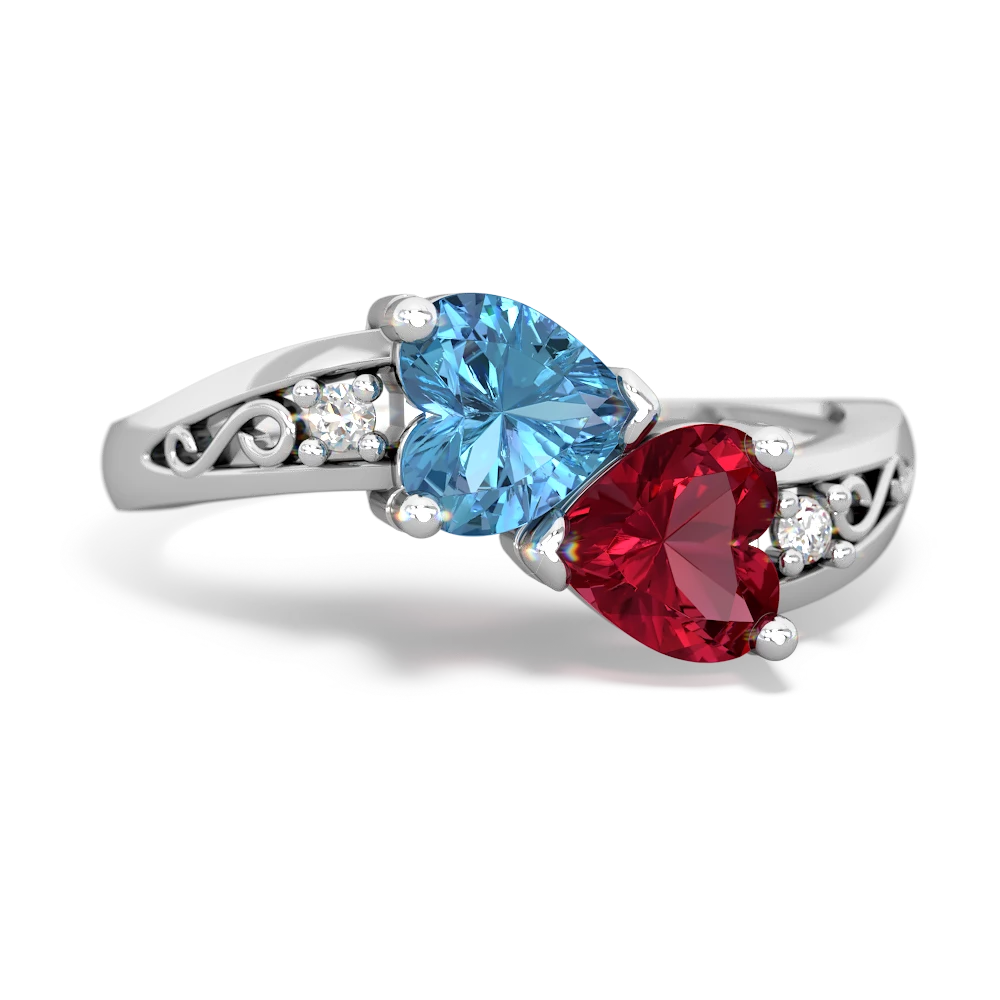 Blue Topaz Snuggling Hearts 14K White Gold ring R2178