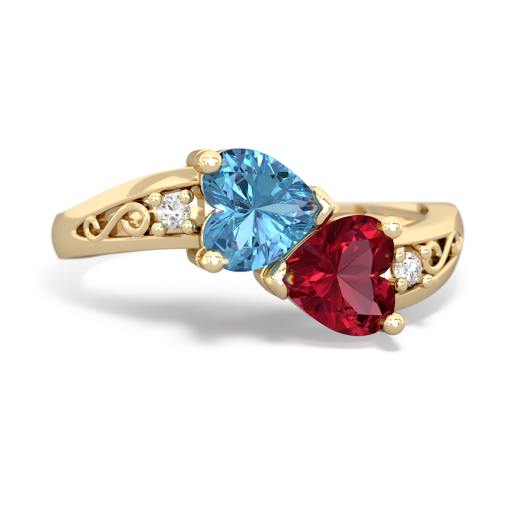 Blue Topaz Snuggling Hearts 14K Yellow Gold ring R2178