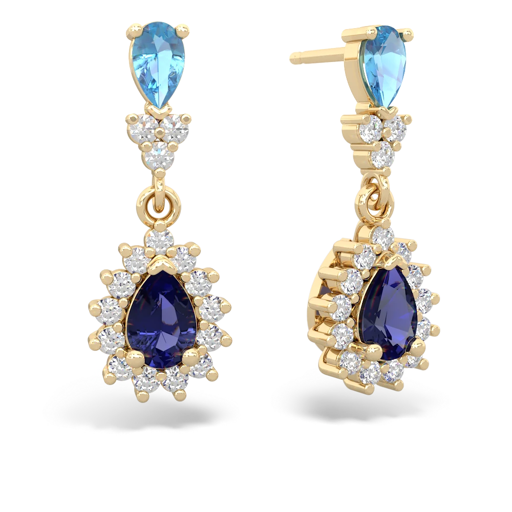 Blue Topaz Halo Pear Dangle 14K Yellow Gold earrings E1882