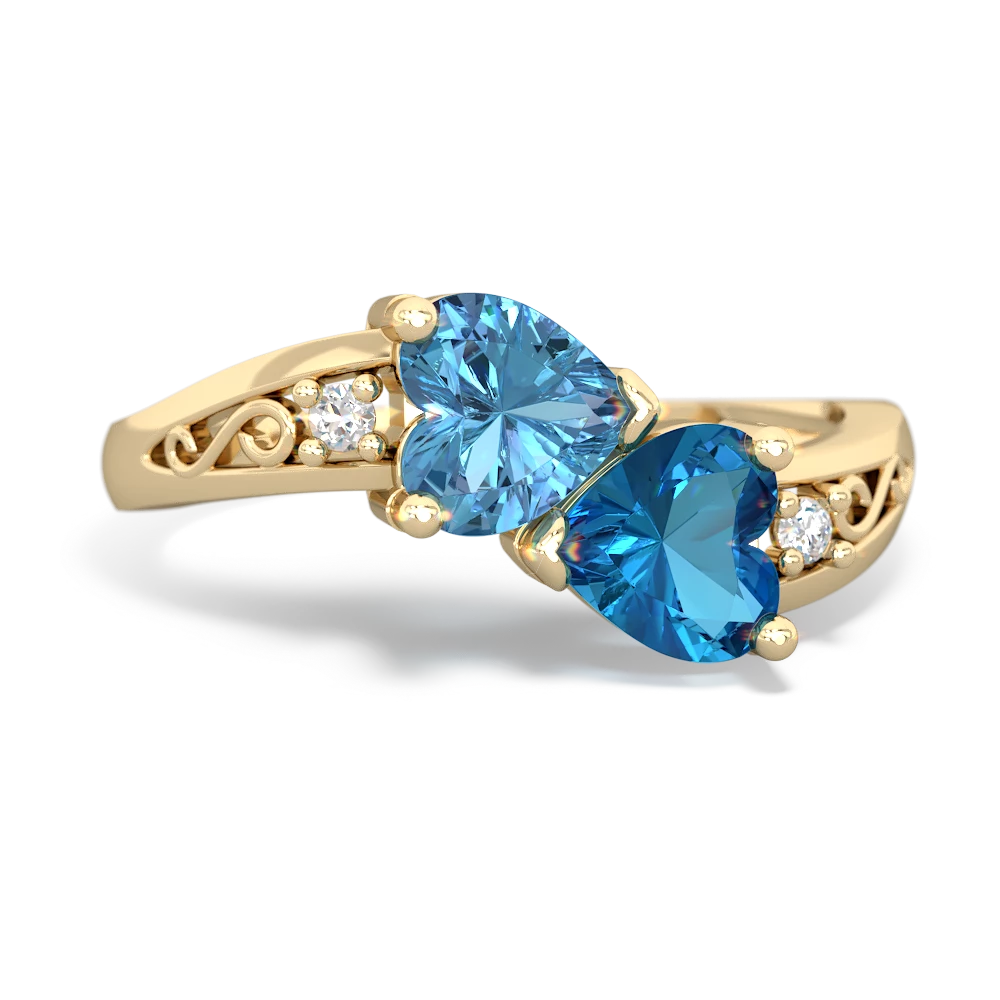 Blue Topaz Snuggling Hearts 14K Yellow Gold ring R2178