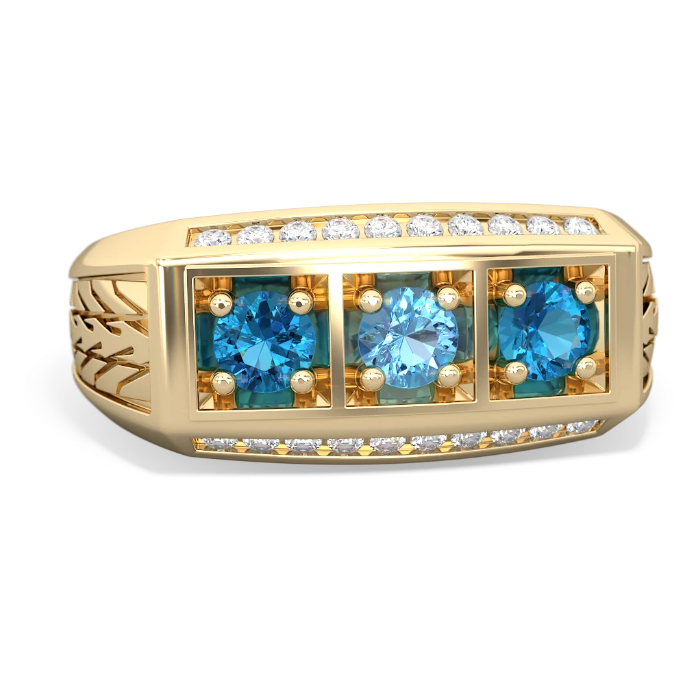 Blue Topaz Three Stone Tire Tread Men's 14K Yellow Gold ring R0520