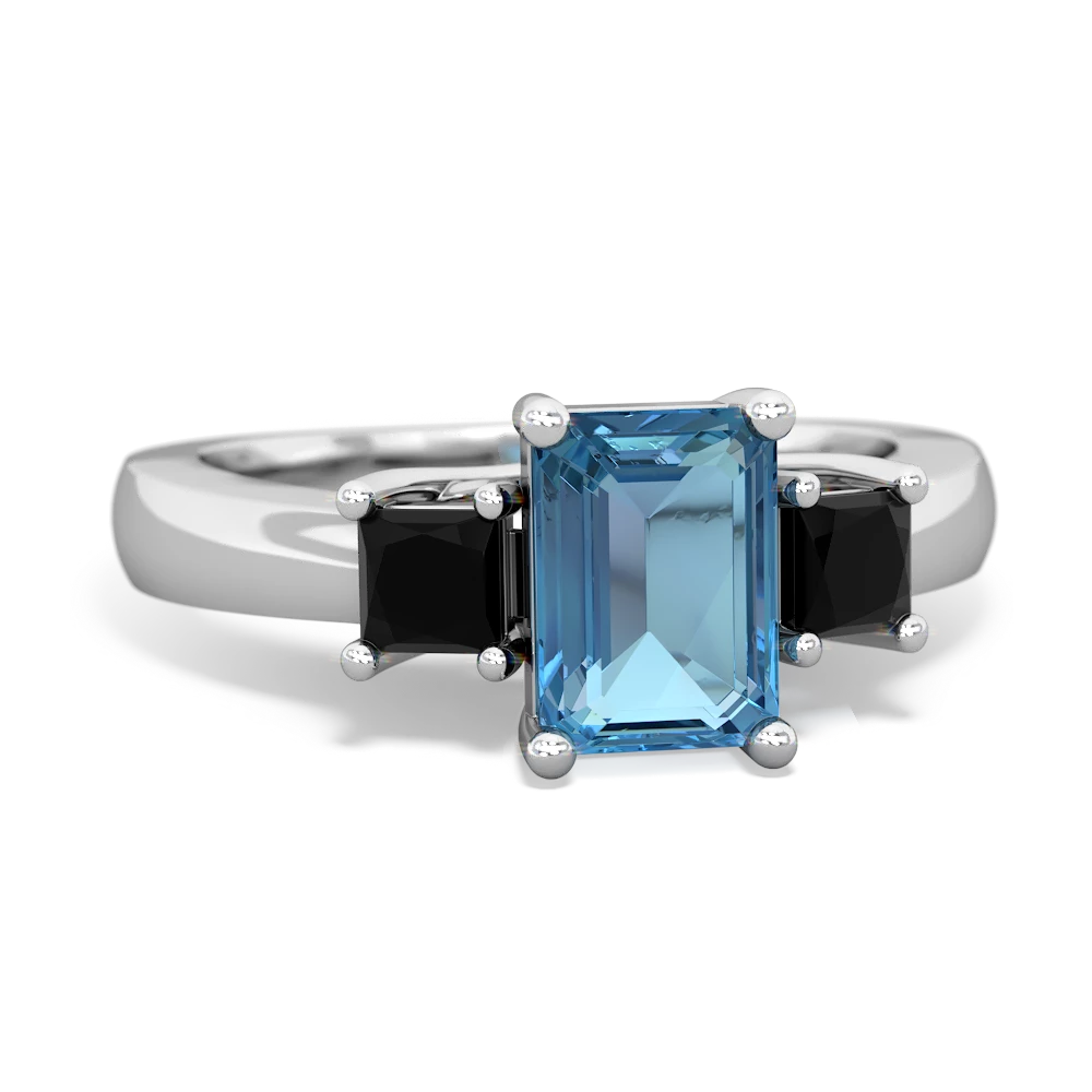 Blue Topaz Three Stone Emerald-Cut Trellis 14K White Gold ring R4021