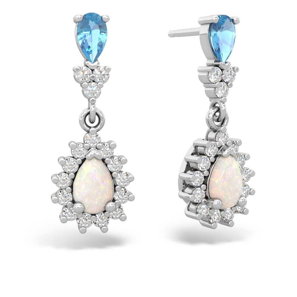 Blue Topaz Opal Halo Pear Dangle earrings 14K White Gold JewelsForMe