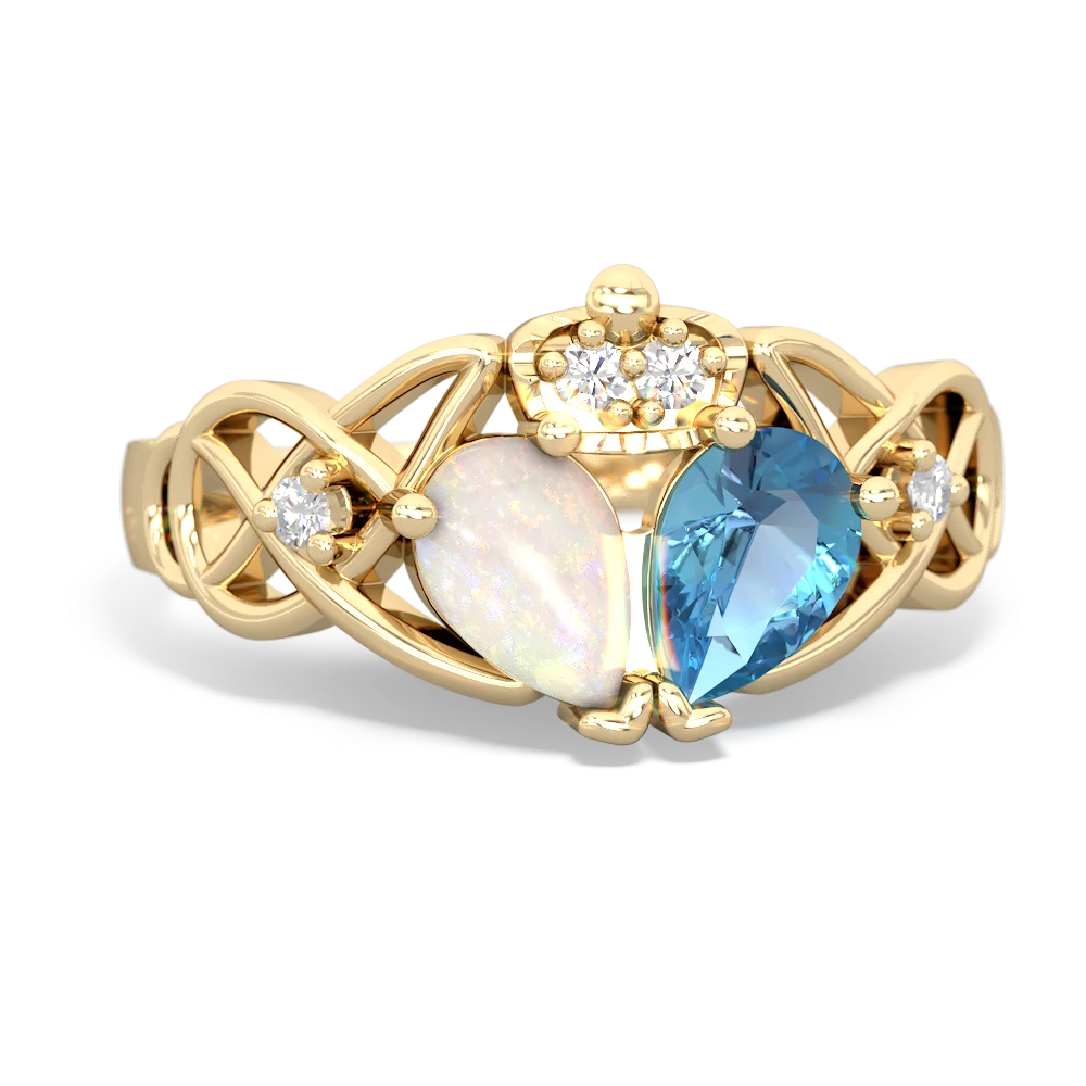 Blue Topaz 'One Heart' Celtic Knot Claddagh 14K Yellow Gold ring R5322