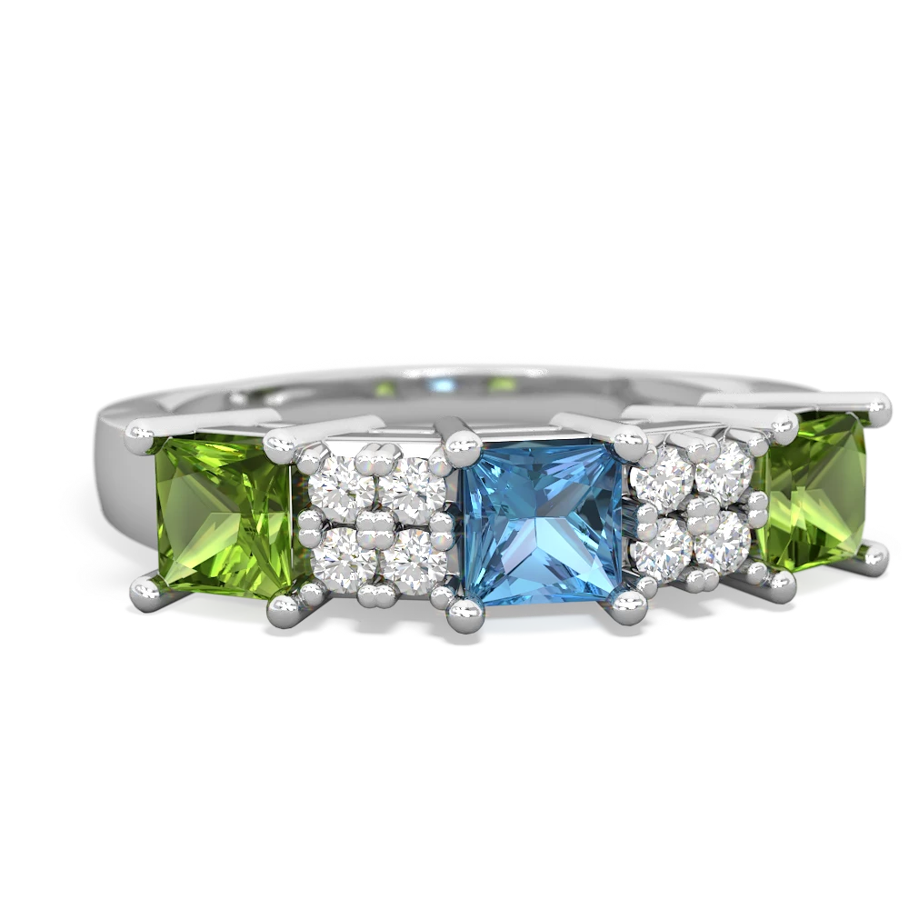 Blue Topaz Three Stone Diamond Cluster 14K White Gold ring R2592