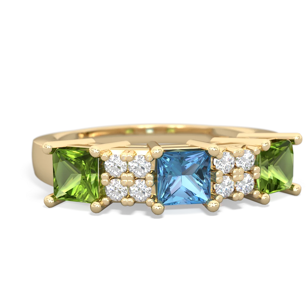 Blue Topaz Three Stone Diamond Cluster 14K Yellow Gold ring R2592