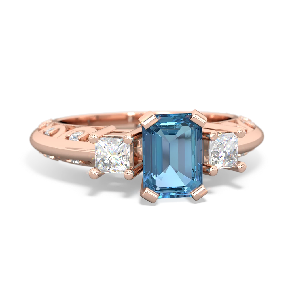 Blue Topaz Art Deco Diamond 7X5 Emerald-Cut Engagement 14K Rose Gold ring R20017EM