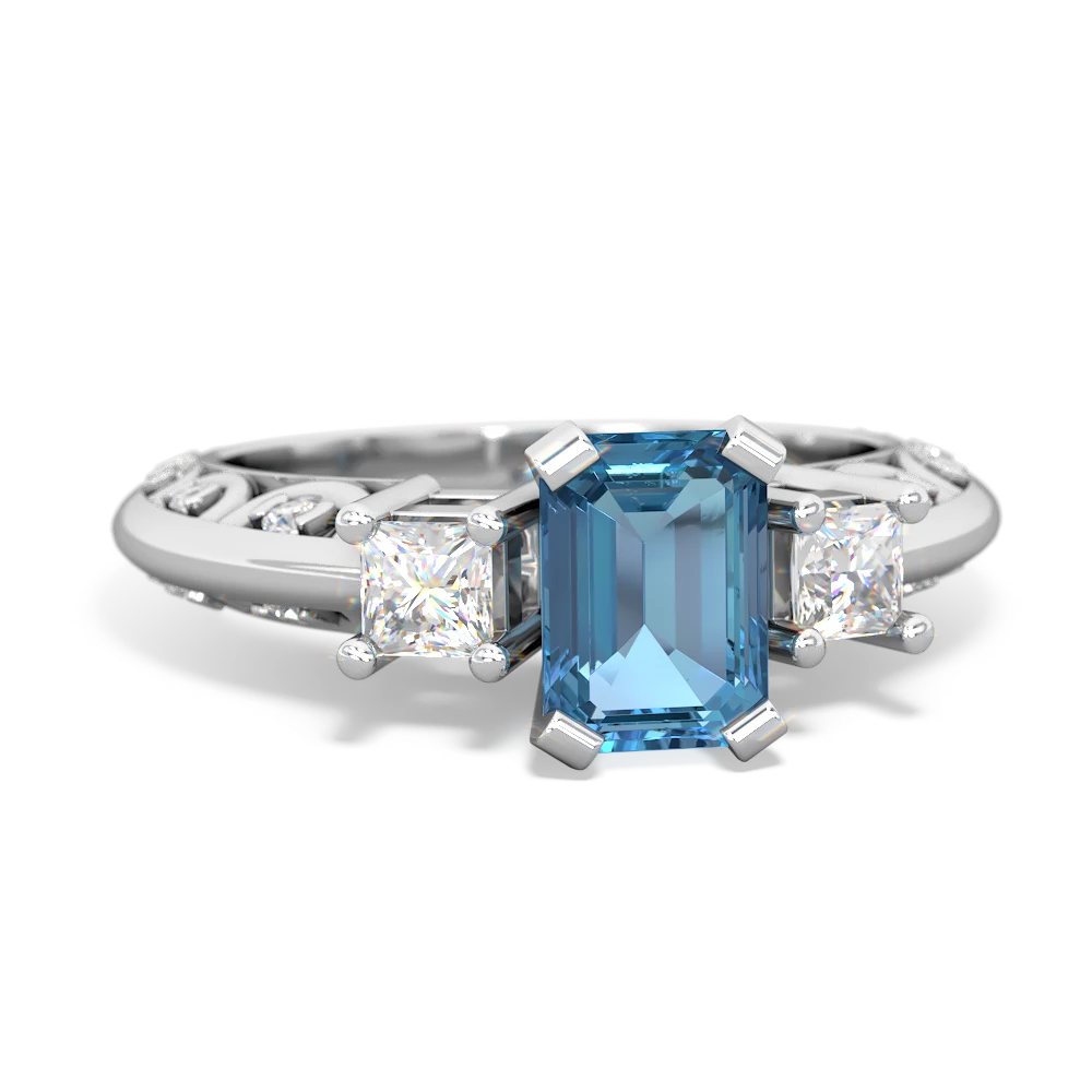 Blue Topaz Art Deco Diamond 7X5 Emerald-Cut Engagement 14K White Gold ring R20017EM