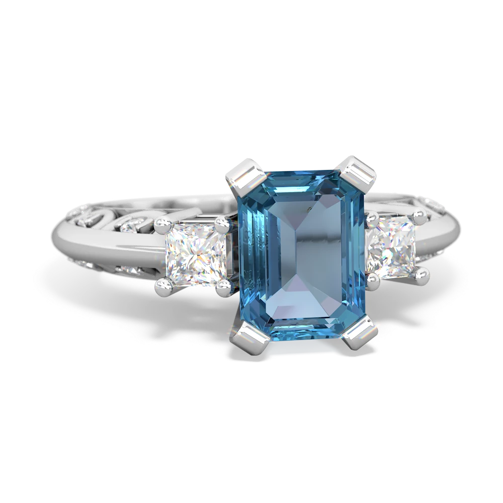 Blue Topaz Art Deco Diamond 8X6 Emerald-Cut Engagement 14K White Gold ring R20018EM