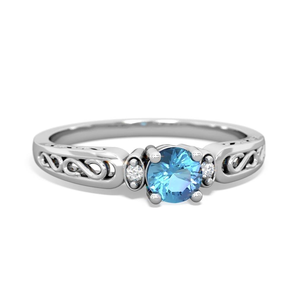 Blue Topaz Filligree Scroll Round 14K White Gold ring R0829