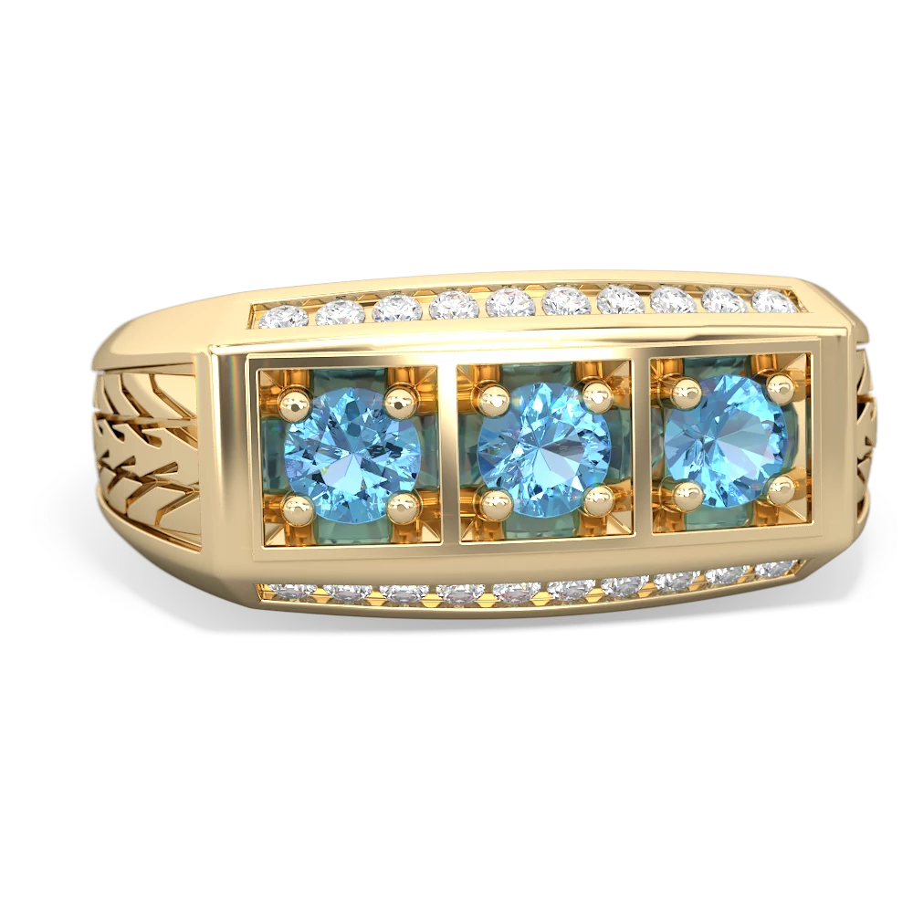 Blue Topaz Three Stone Tire Tread Men's 14K Yellow Gold ring R0520