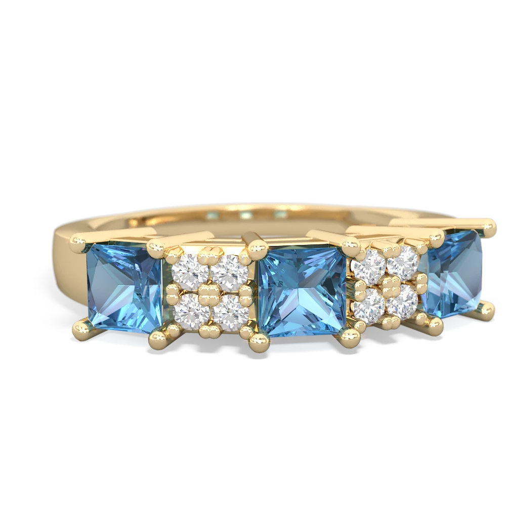 Blue Topaz Three Stone Diamond Cluster 14K Yellow Gold ring R2592