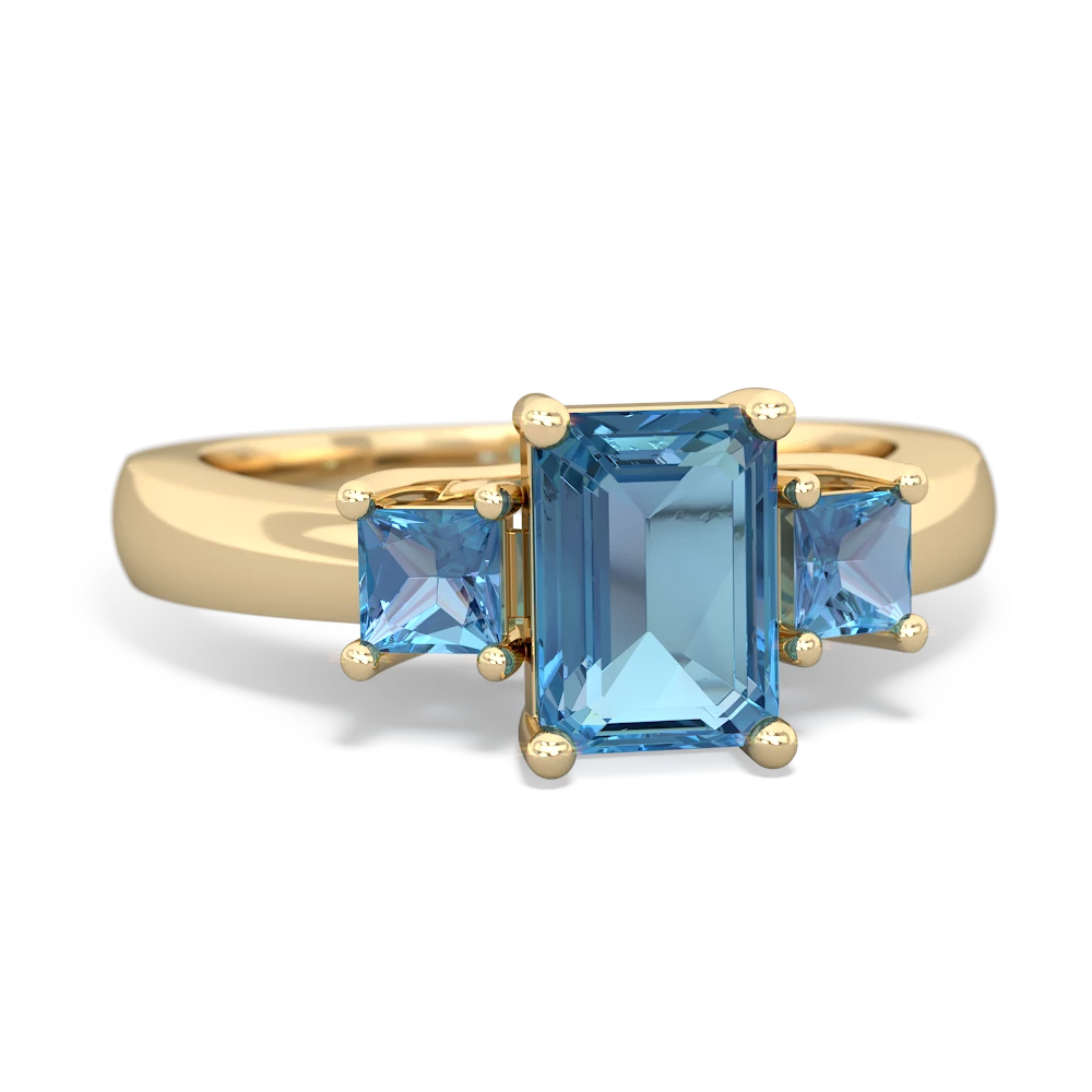 Blue Topaz Three Stone Emerald-cut Trellis ring - 14K Yellow Gold  |JewelsForMe