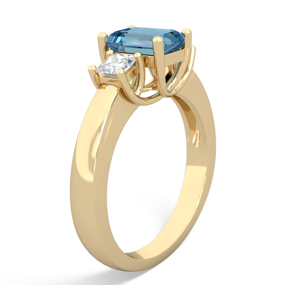 Blue Topaz Diamond Three Stone Emerald-Cut Trellis 14K Yellow Gold ring R4021