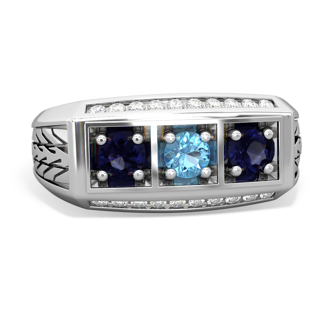 Blue Topaz Three Stone Tire Tread Men's 14K White Gold ring R0520