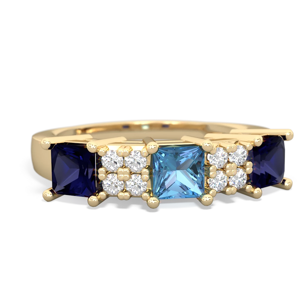 Blue Topaz Three Stone Diamond Cluster 14K Yellow Gold ring R2592