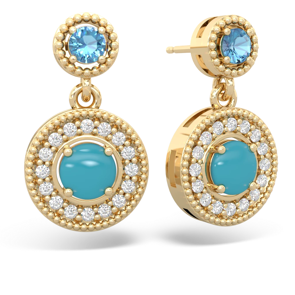 Blue Topaz Halo Dangle 14K Yellow Gold earrings E5319