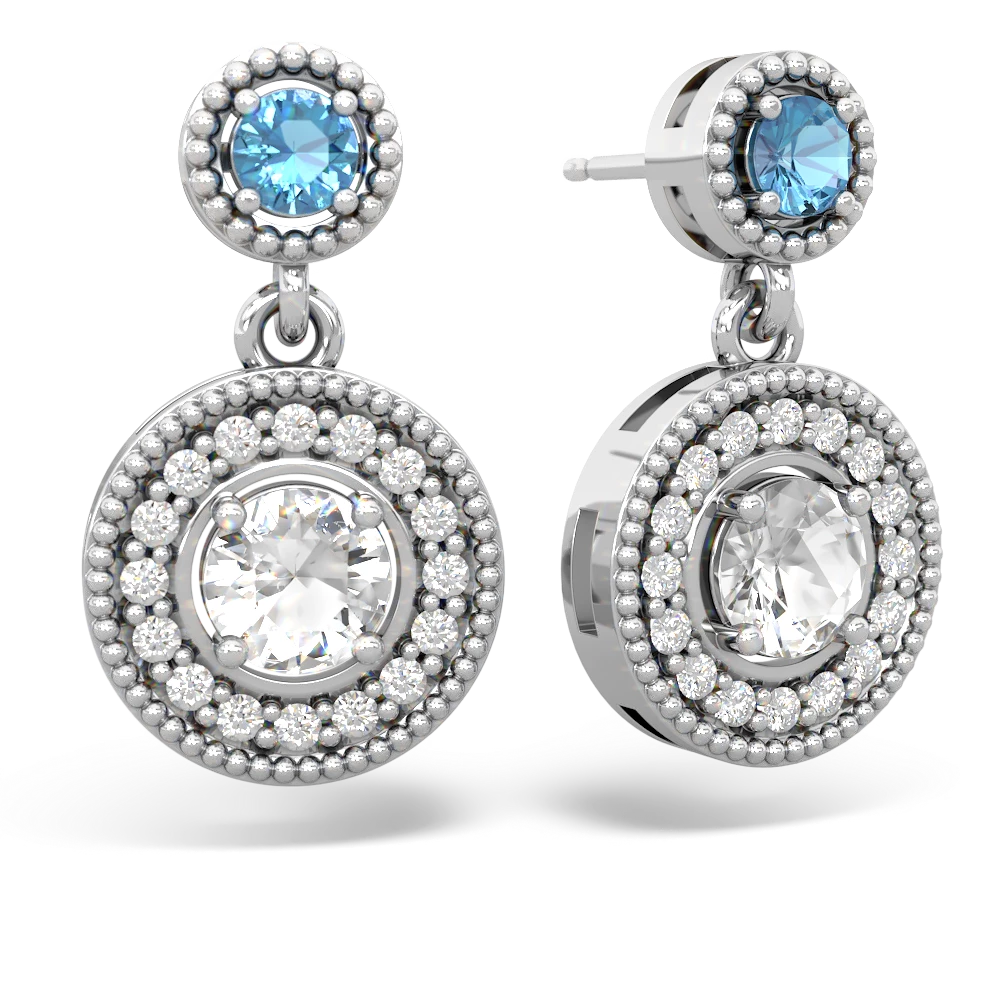 Blue Topaz Halo Dangle 14K White Gold earrings E5319