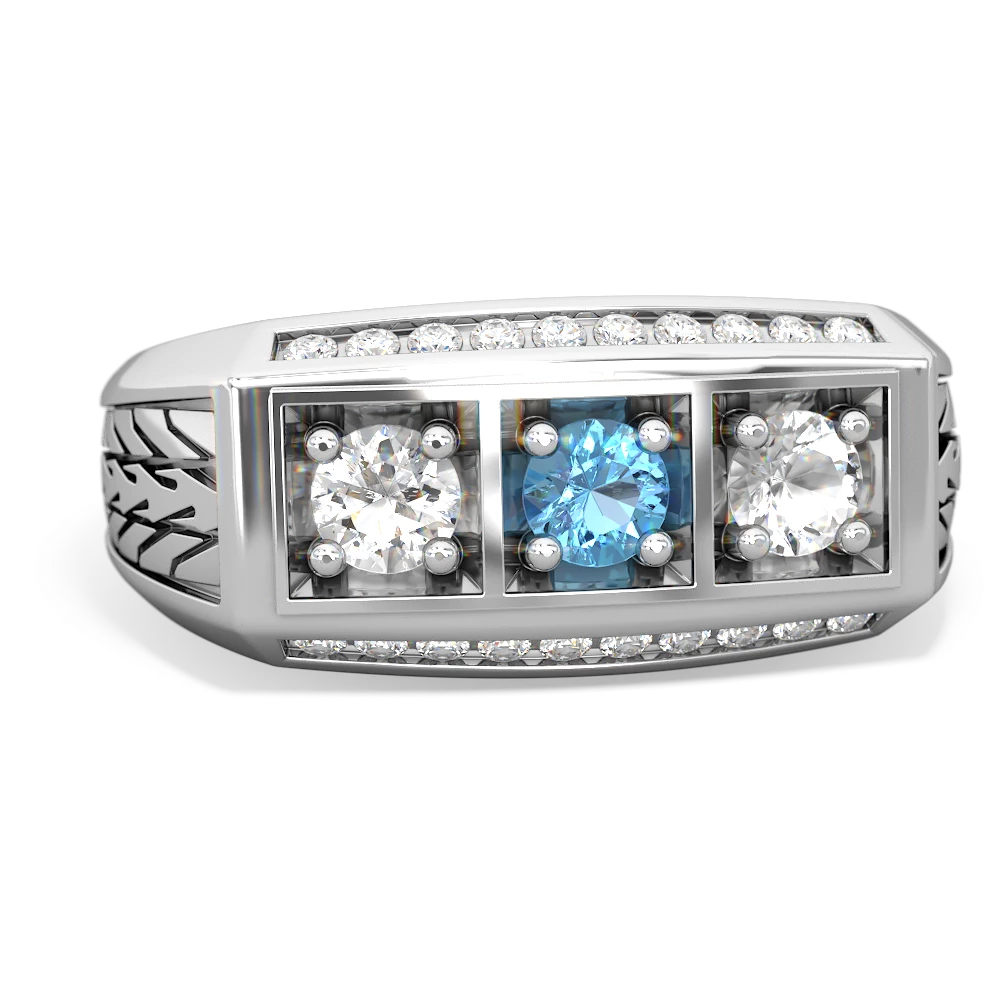 Blue Topaz Three Stone Tire Tread Men's 14K White Gold ring R0520