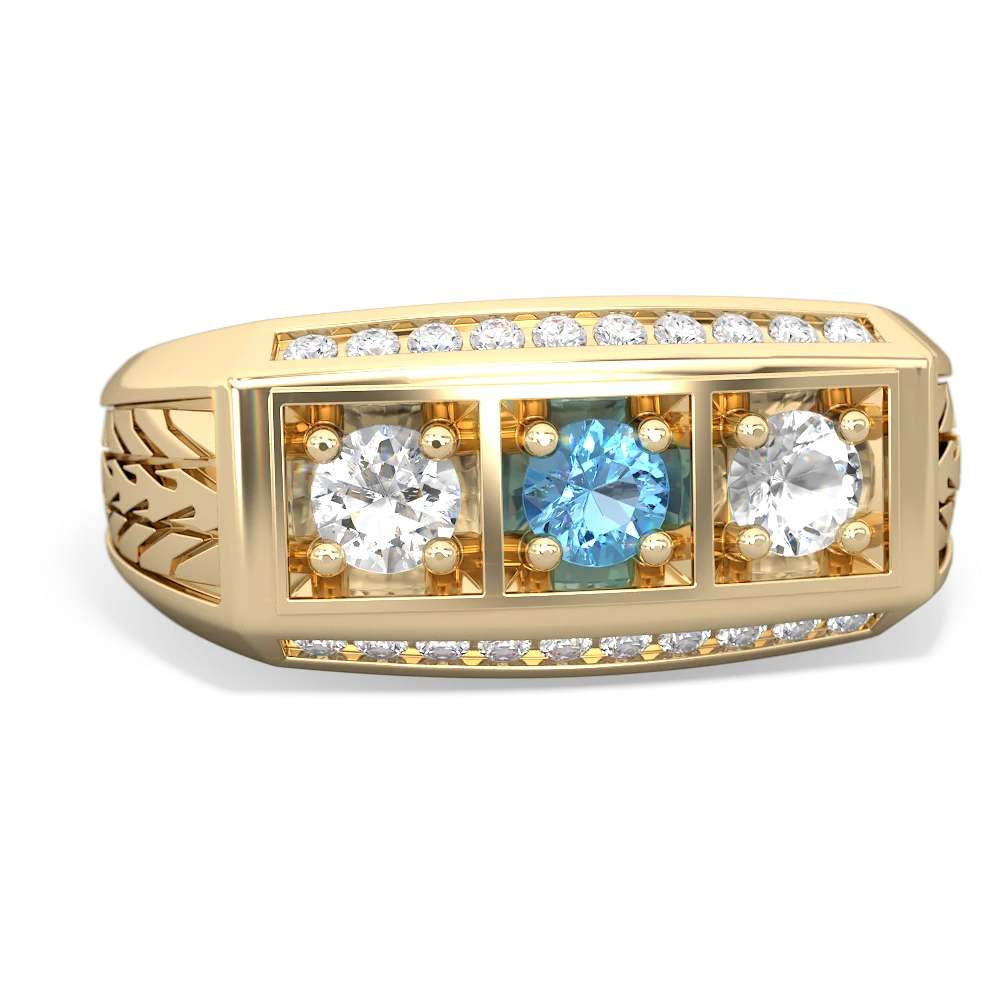 Blue Topaz Three Stone Tire Tread Men's 14K Yellow Gold ring R0520