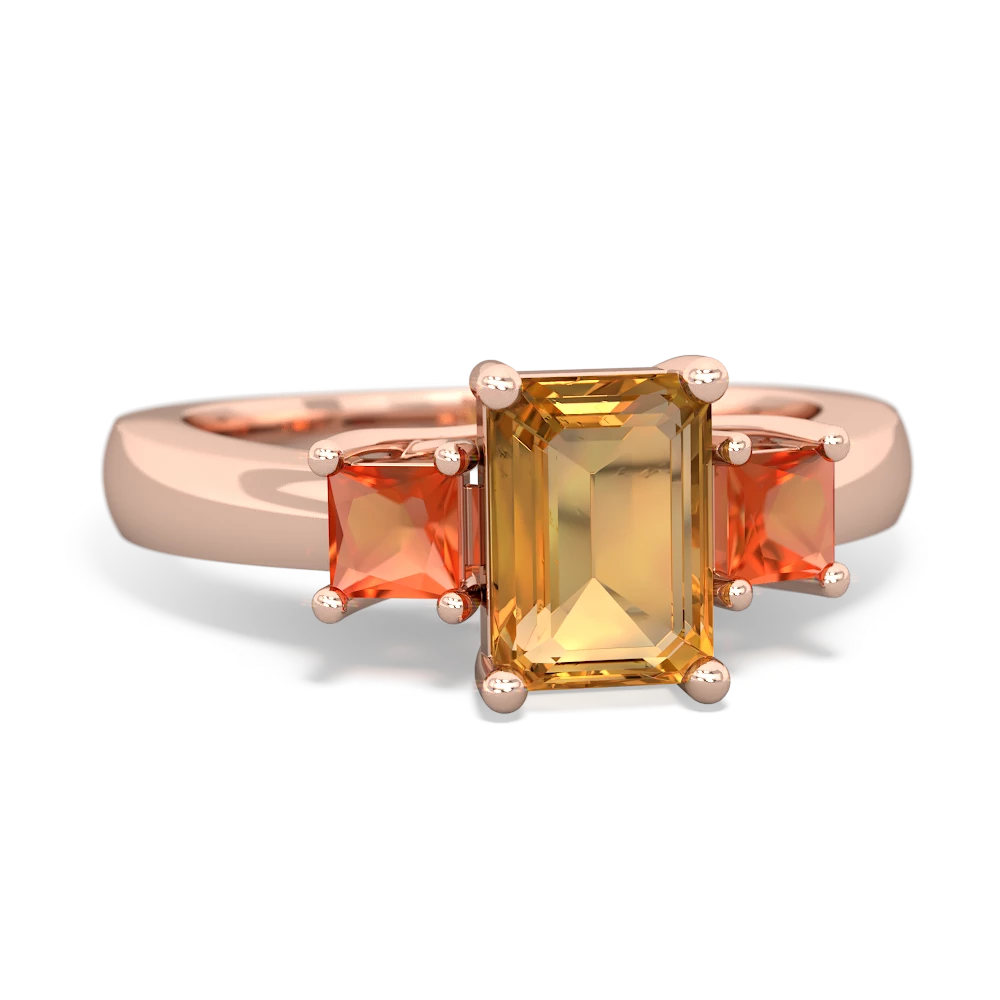 Citrine Three Stone Emerald-Cut Trellis 14K Rose Gold ring R4021