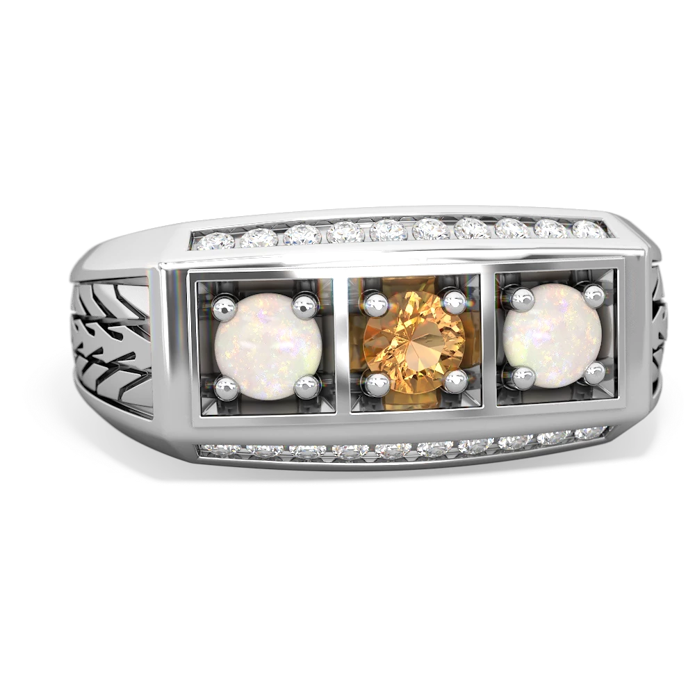 Citrine Three Stone Tire Tread Men's 14K White Gold ring R0520