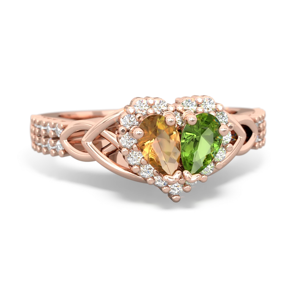 Citrine Celtic Knot Two Hearts As One 14K Rose Gold ring R2644HRT