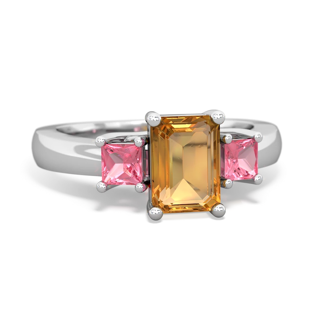 Citrine Three Stone Emerald-Cut Trellis 14K White Gold ring R4021