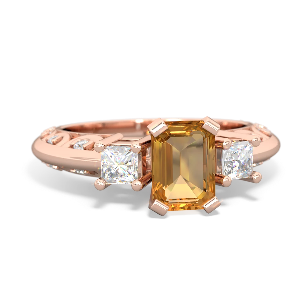 Citrine Art Deco Diamond 7X5 Emerald-Cut Engagement 14K Rose Gold ring R20017EM